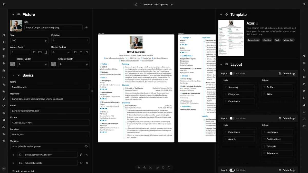 Reactive Resume 开源免费简历制作工具实机工作界面