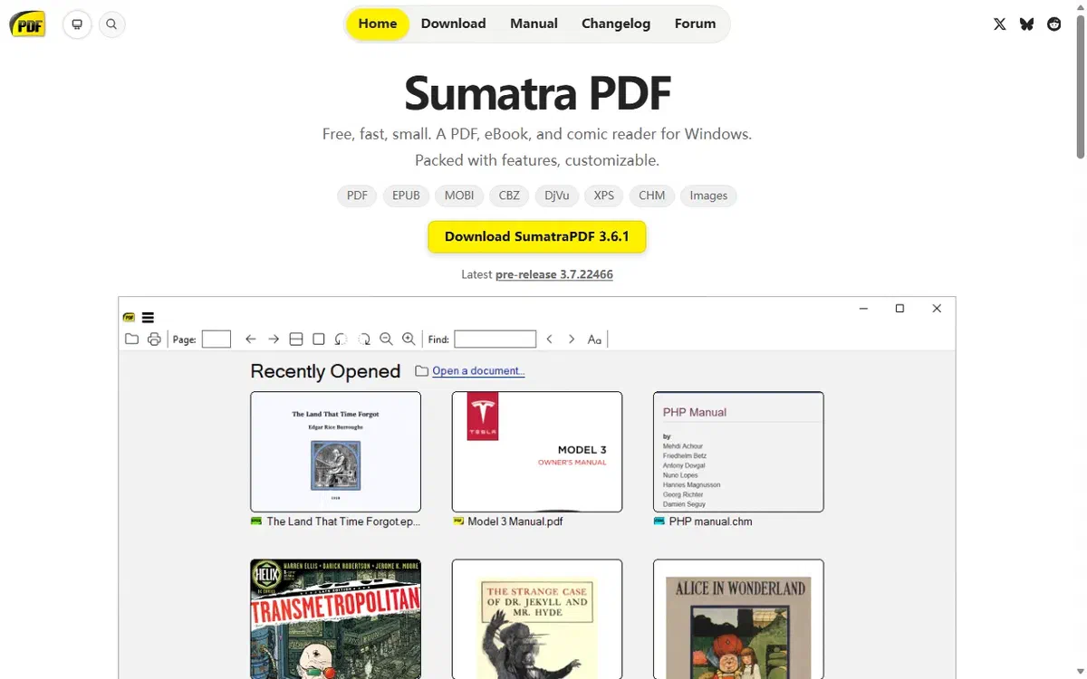 SumatraPDF 官方主站首页与功能特性截图